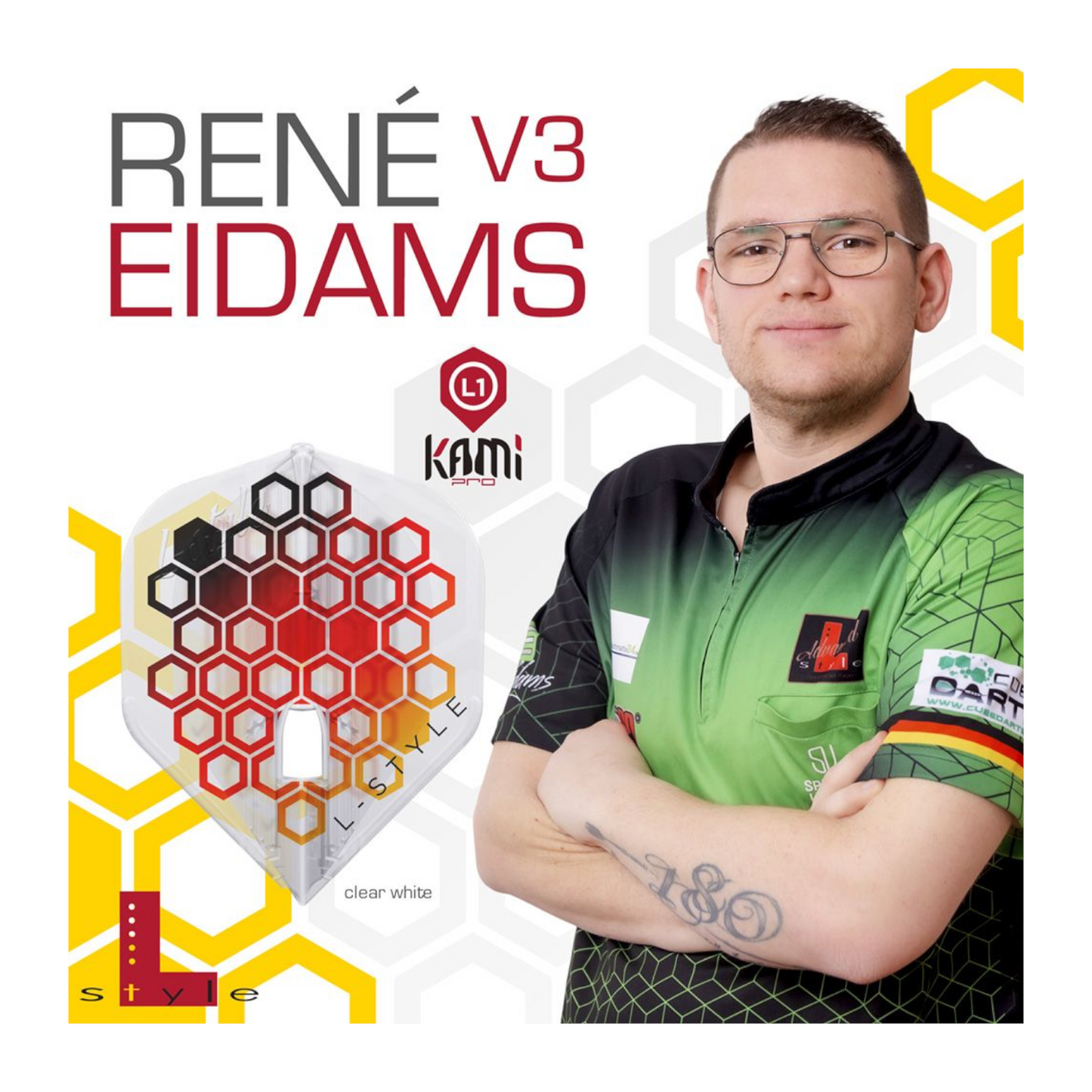 Dart Flights L-Style Signature Champagne Flight: L1PRO KAMI Standard Rene Eidams v3 Clear White