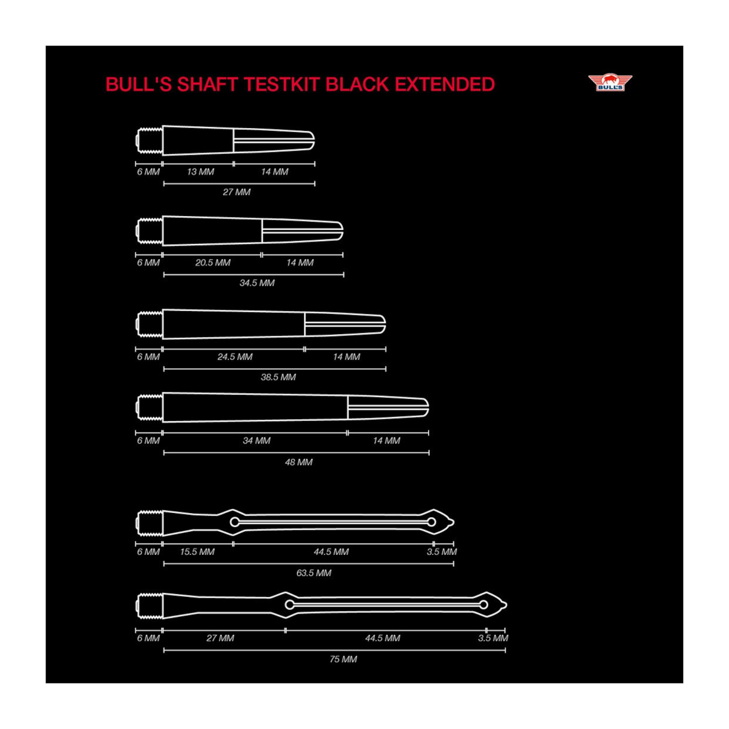 Dart Shaft Bull's Shaft Test Kit Extended - 6 Sets Nylon Shafts